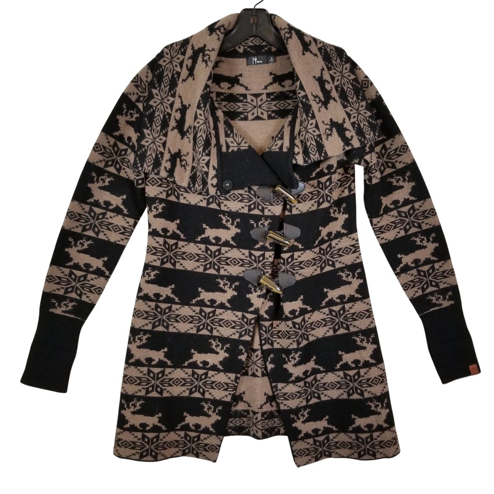 Neve Women 100% Merino Wool Reindeer Fair Isle Toggle Cardigan Sweater Tan Black